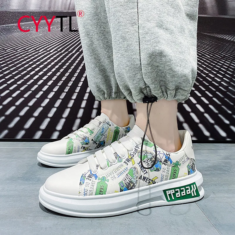 

CYYTL Graffiti Pattern Men's Fashion Skateboarding Shoes Students Leather Breathable Youth Boys Casual White Vulcanized Sneakers