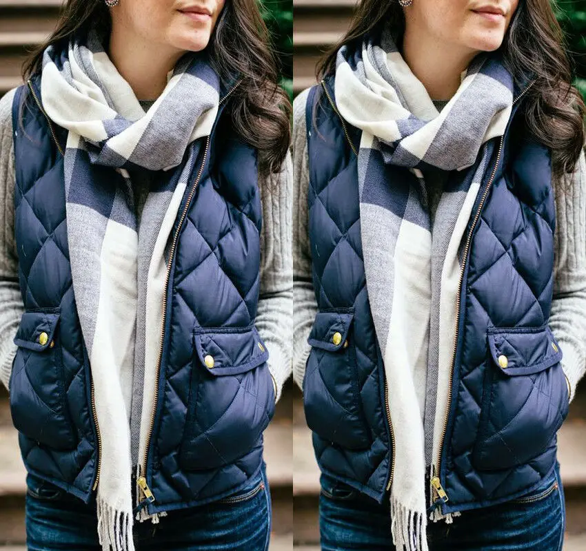 

2020 New Fashion Women Casual Winter Sleeveless Plaid Zip Jacket Warm Waistcoat Black Brown Navy Blue Khaki Army Green hot