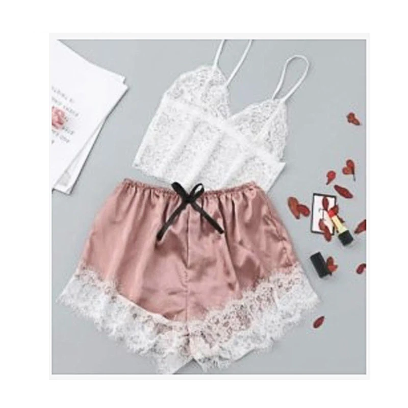 

Womens Sexy Lace Sleepwear Summer Casual Loose Solid Sleeveless V-Neck Babydoll Pajamas Set Lingerie Tops Shorts Set Nightwear