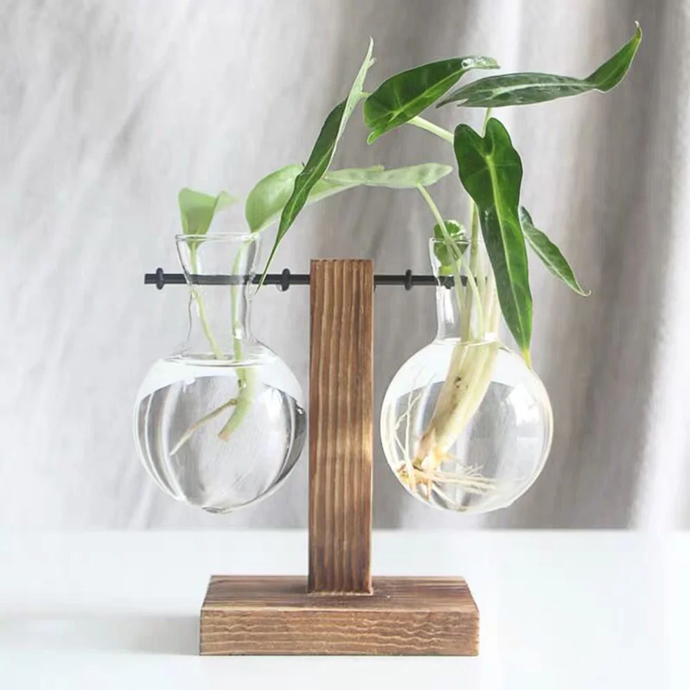 

Wooden Art Hydroponics Container Transparent Glass Vase Modern Flower Plant Container Creative Terrarium Flowerpot for Room Home