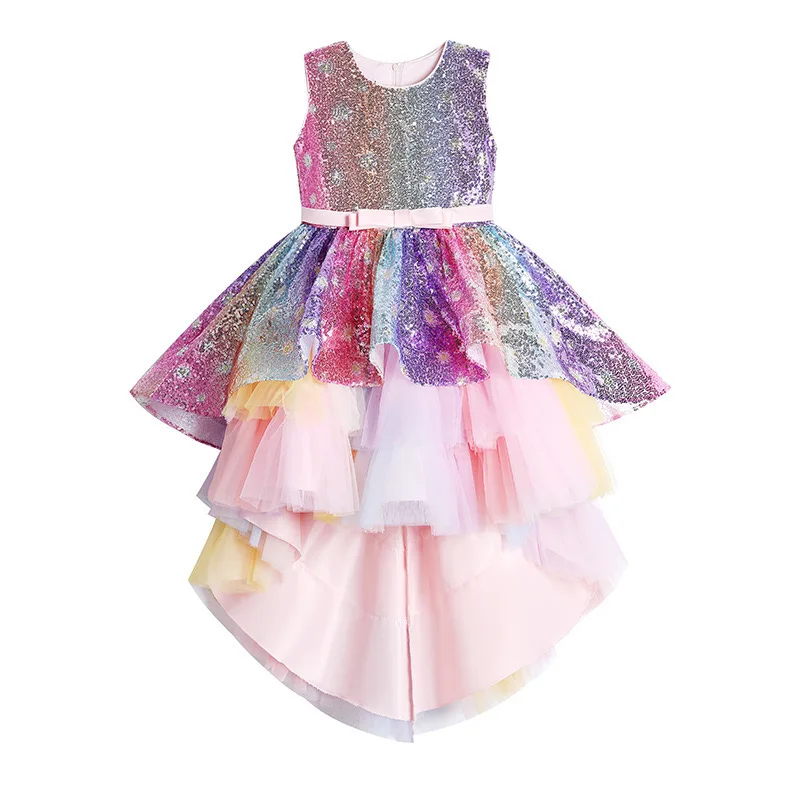 

2021 Spring and Summer New Girl Trailing Rainbow Dress Children's Cute Fashion Color Sequin Stage Show Kid Skirt GD79
