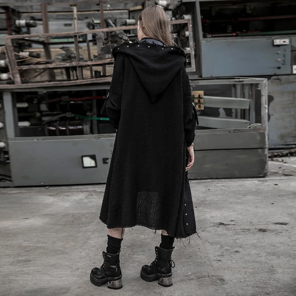 Женское шерстяное пальто с длинным рукавом черное Свободное длинное капюшоном в