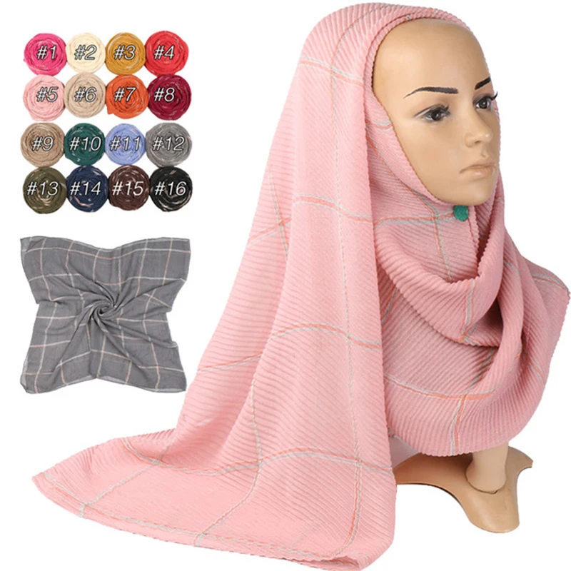 

Muslim Crinkle Plaid Hijab Scarf Women Solid Plain Soft Head Scarf Scarves Cotton Long Shawls And Wraps Turban Foulard Femme