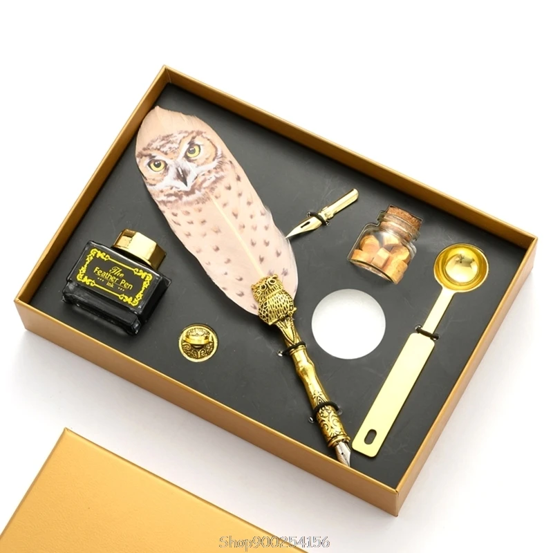 

Retro Calligraphy Quill Owl Feather Dip Pen with Nib Wax Seal Stamp Gift Box Stationery N18 20 Dropship