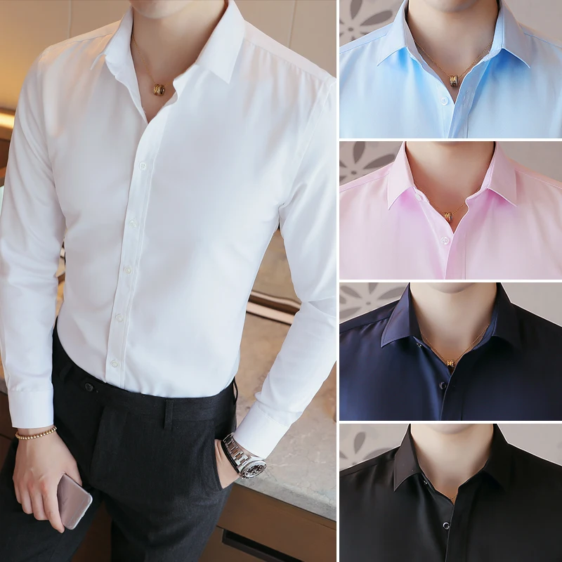 

New Fashion Long Sleeve Shirt Solid Slim Fit Male Social Casual Business White Black Dress Shirt