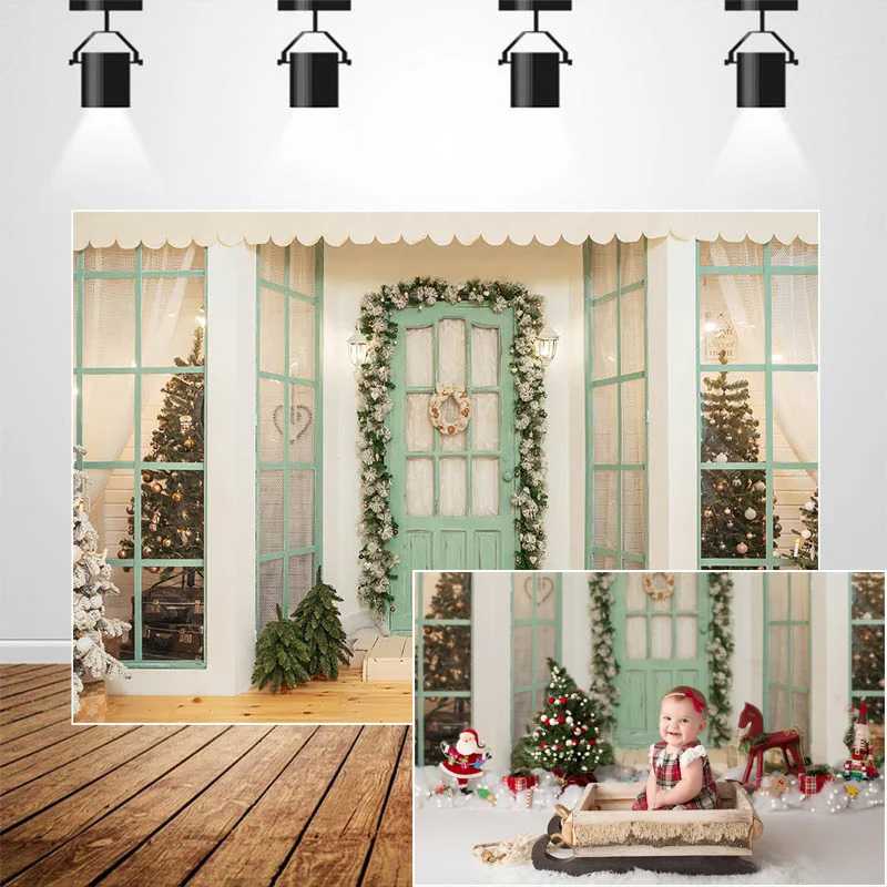 

Christmas Photography Backdrop Outdoor Door Light Wreath Tree Xmas Photo Background Booth Party Decoration Studio Props