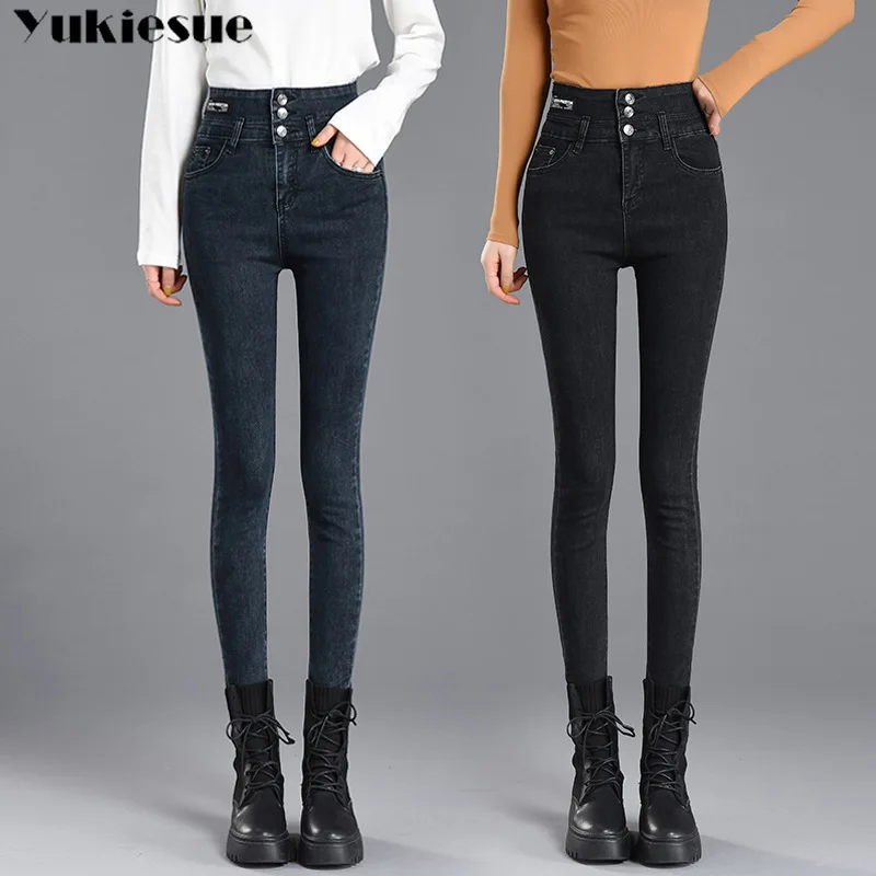 Зимние плотные джинсы бархатные теплые женские джинсовые штаны эластичные