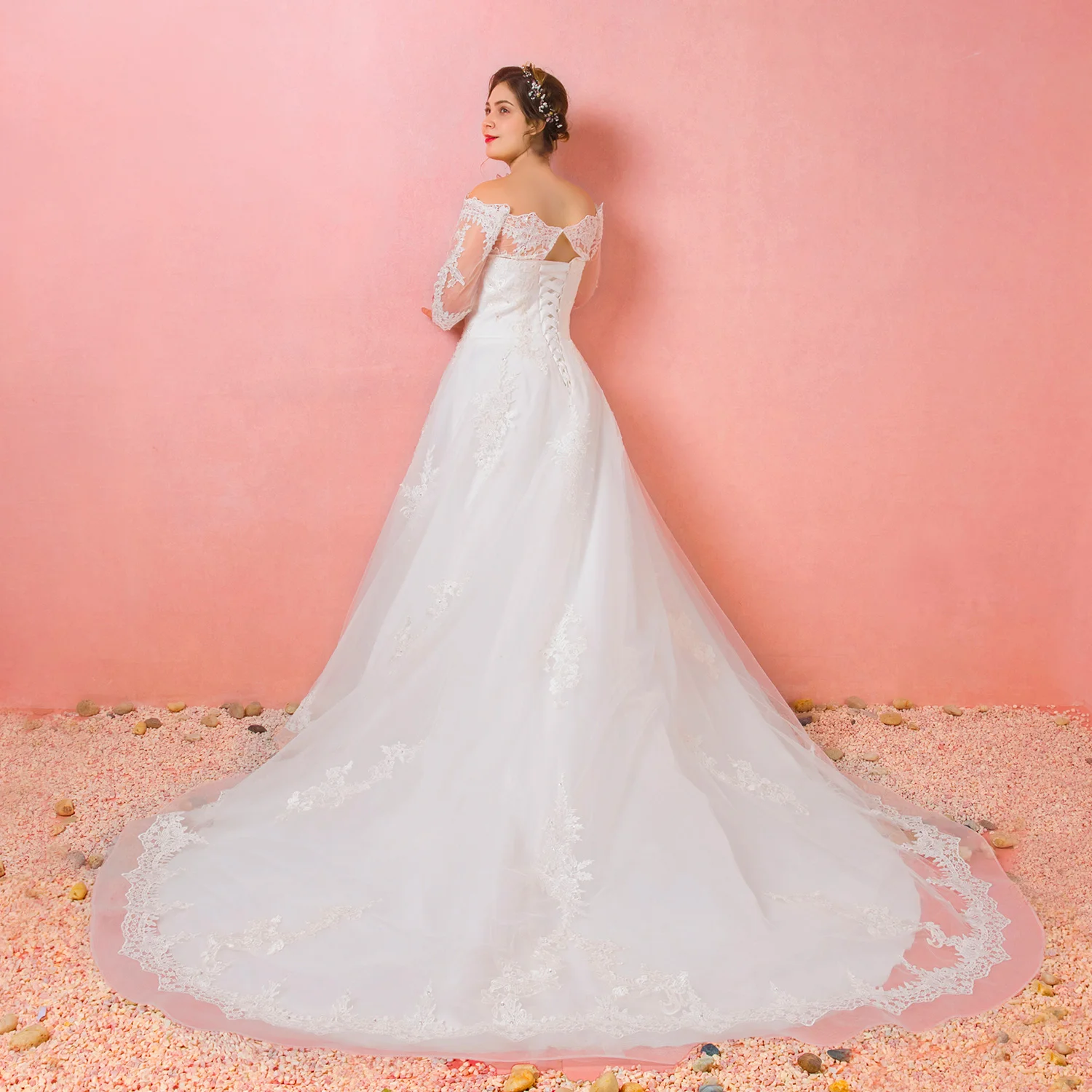 Свадебные платья длина до пола Милая А-силуэт llusion Аппликации спинки собора Поезд