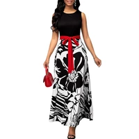 summer dress women sexy sleeveless print long party dress casual plus size slim patchwork ball gown maxi dresses with belt 5xl