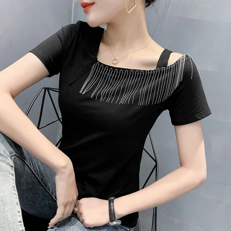 #7221 летняя черная белая серая Асимметричная футболка с воротником и коротким