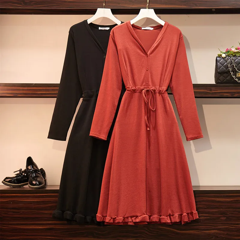 Ржавчина красный черное вязаное платье осенне зимняя одежда корейский женский