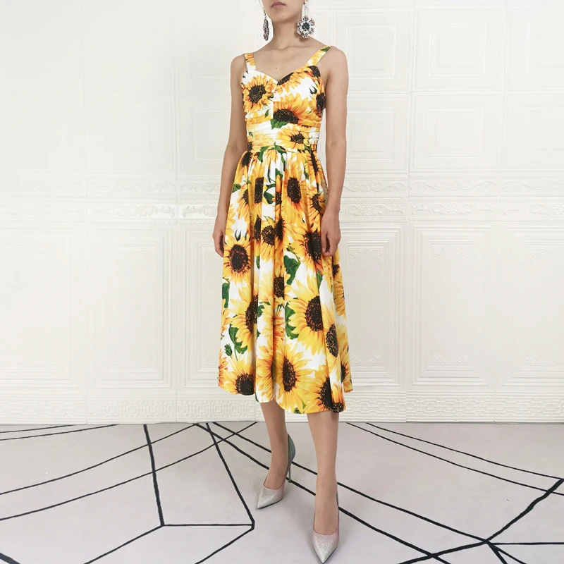 

Runway High Quality Designer Summer New Women'S Casual Party Sexy Sling Sunflower Flower Print Vintage Elegant Chic Midi Dress