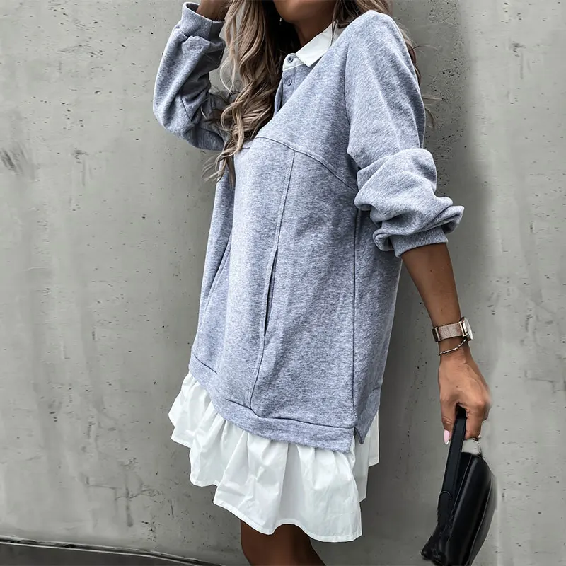 

Elegant Women Patchwork Mini Dress Autumn Vintage Turn-down Collar Button Dresses Ladies Long Sleeve Casual vestido de mujer