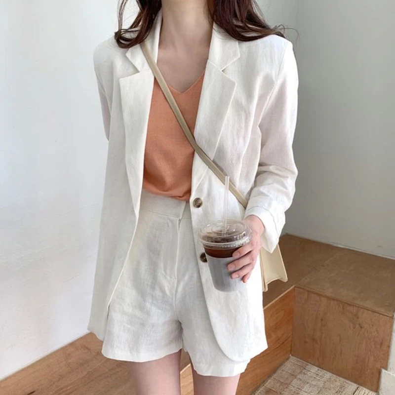 

Notched Collar Spring Blazer + Shorts Set Office Lady Cotton Linen Two Piece Set Korean Outfits Casual Elegant Tracksuit C617