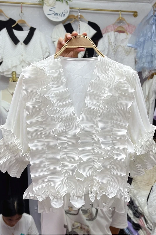 

French Style Court Fairy Blouse Retro Solid Color Puff Sleeve Short Top Women's Elegant All-Match Ruffled Pleated Summer Blusas