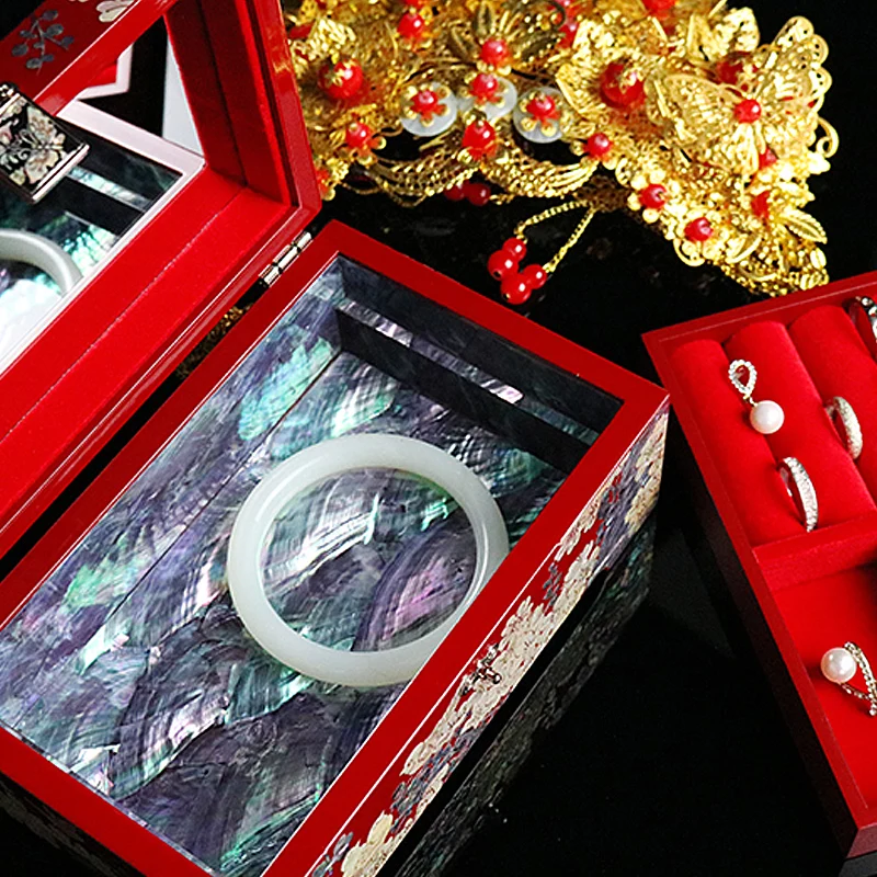 Hand Made Abalone Shell-linlaid Mosaic Jewelry Box Storage Lacquerware Lacquer Arts with Lock 18.2 x 11.2 x 8.6cm Wedding Gift