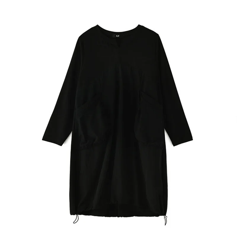 

IEQJ Women Big Size Black Drawstring Mid Dress New Round Neck Long Sleeve Loose Packets Fit Fashion Spring Summer 2021 3D0149
