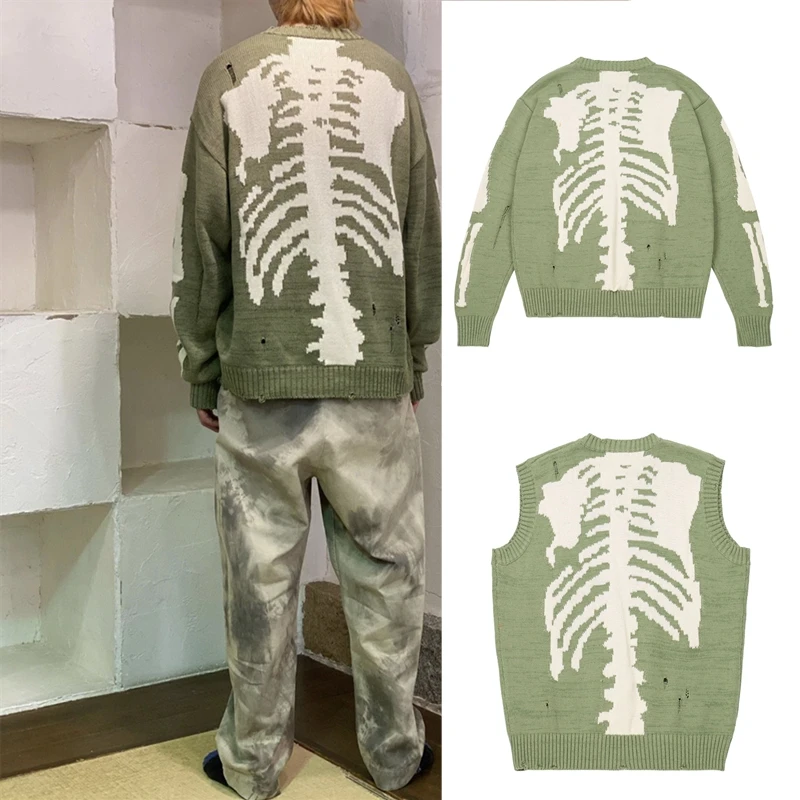 

TERRAPINS Men Women Oversized Knitted Sweaters Vests Hip Hop Hole Skulls Skeleton Pullovers Sweater Vest Kanye West Streetwear