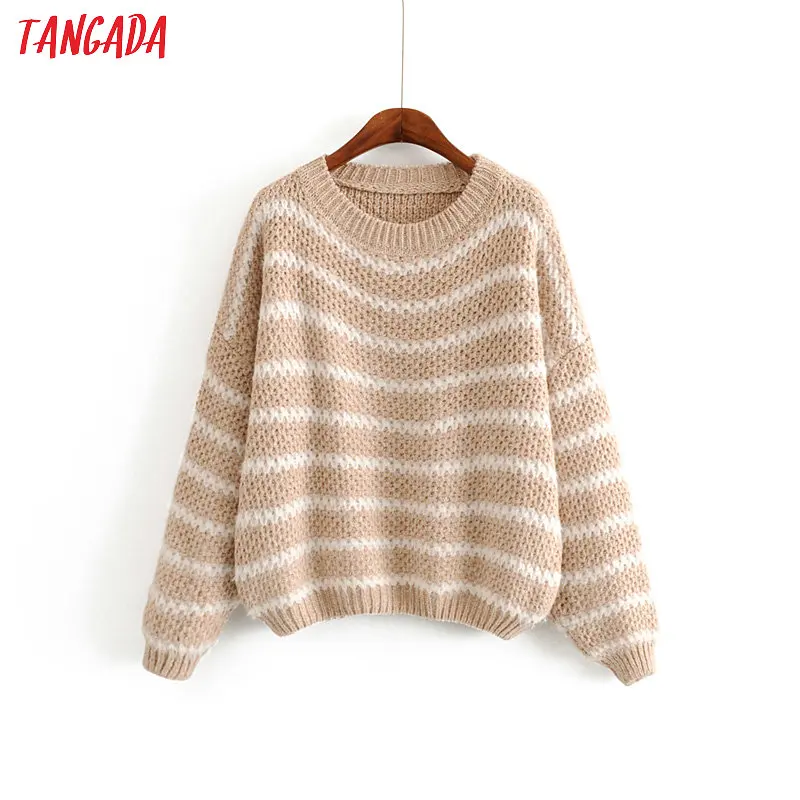 Tangada осенне-зимний модный женский полосатый свитер с круглым вырезом, тянущийся длинный рукав, свободный черный розовый мягкий свитер для девушек AH66