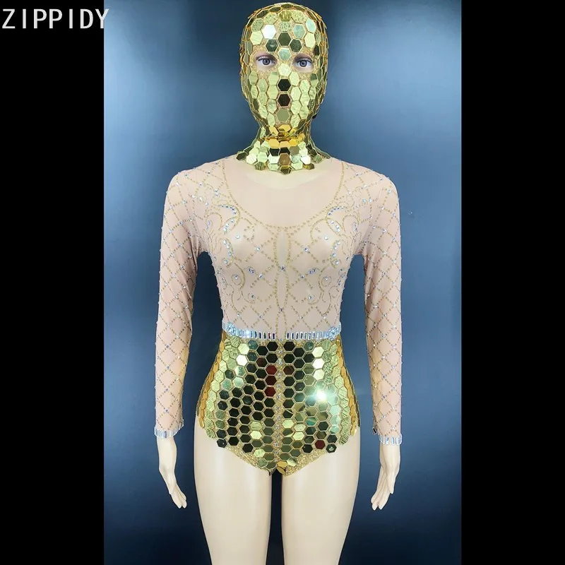 Золотой зеркальный боди с серебряными камнями сетчатый головной убор наряд на