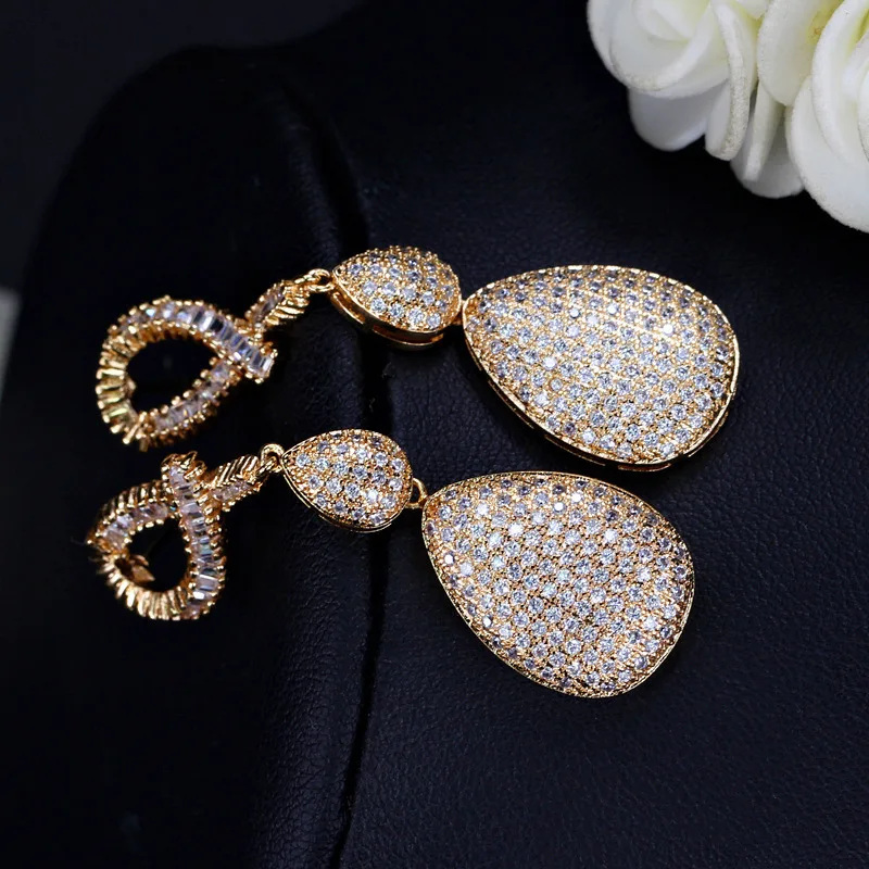 

Quality Wedding Evening Dubai Gold Jewelry Micro Pave Cubic Zirconia Stones Long Drop Golden Earrings For Women