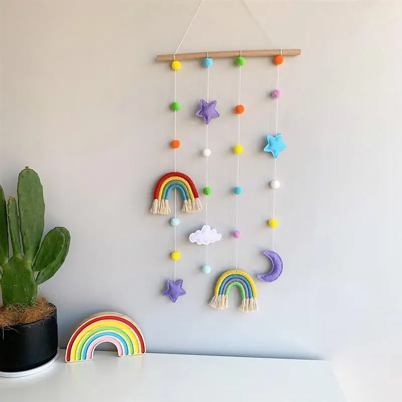 

Home Decoration Handmade Weaving Rainbow Wall Hanging Ornaments With Felt Ball Home Decor Wooden Stick Tassel Pendant