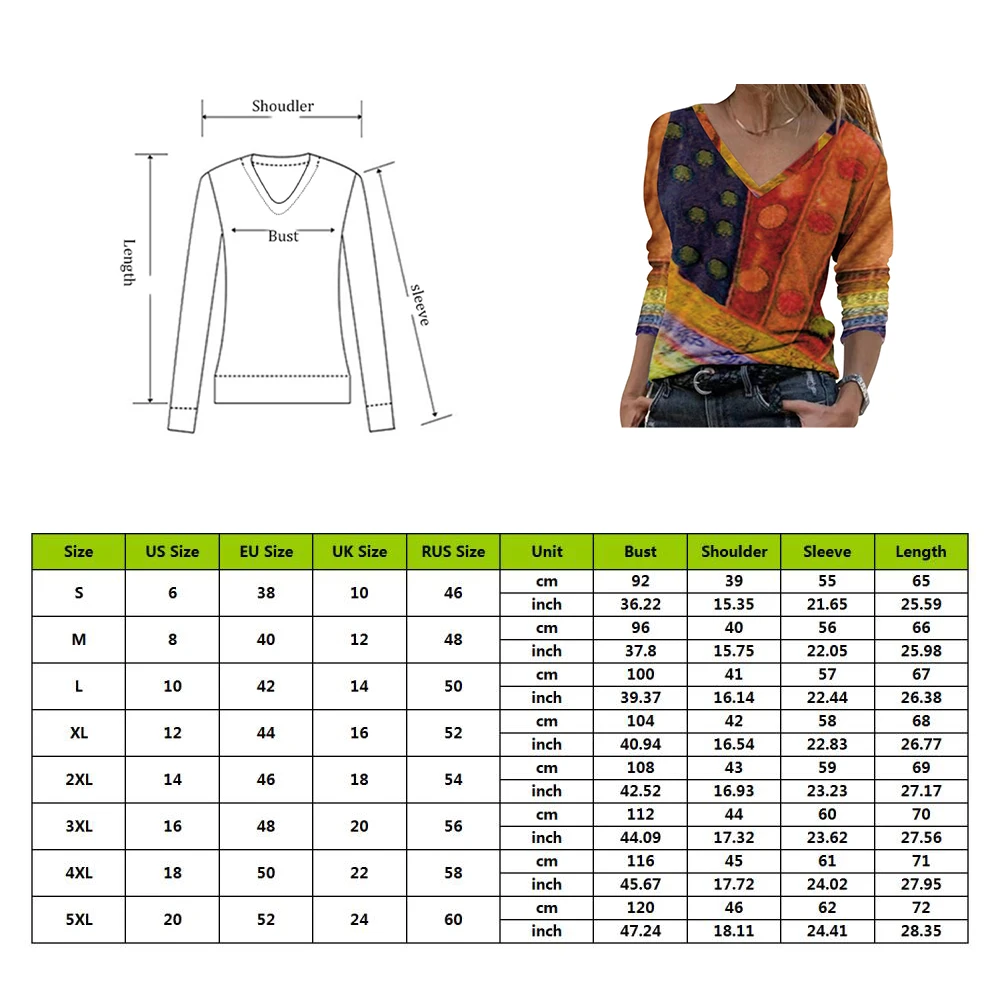 

Women's T-shirt 2021 Spring and Summer New Fashion Vintage Printed V-neck Long Sleeve T-shirt Casual Plus Size Soft Top
