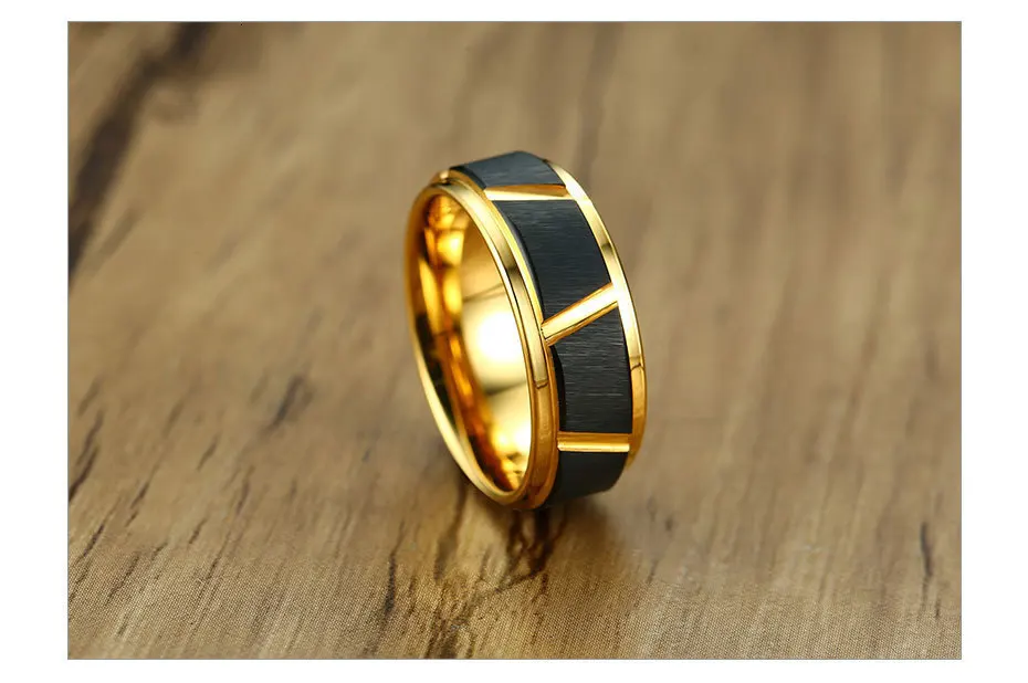 Vnox Cool Trimming Designed Rings for Men Gold and Black Tone 8MM Tungsten Carbide Wedding Bands Anel Accessory