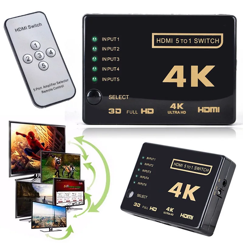 1080P 4K*2K HDMI Video Switch Switcher HDMI Selector Splitter 3/5 in 1 out Port Hub with IR Remote for DVD HDTV Xbox PS3 PS4