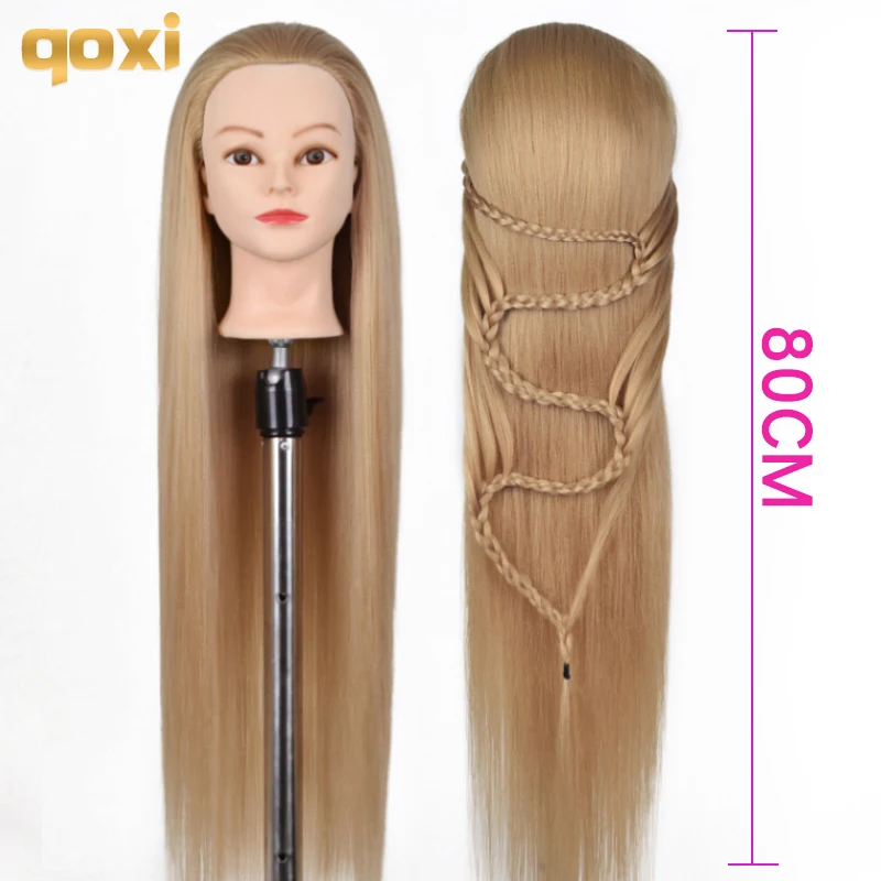 Qoxi-cabeza de maniquí para peluquería, cabeza de maniquí con pelo de 80cm para trenzado, para práctica de estilismo