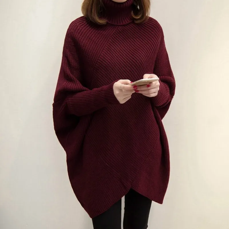 

Women Autumn Winter Burgundy Oversized Turtleneck Pullover Sweater Batwing Sleeve Knitted Jumpers Irregular Length