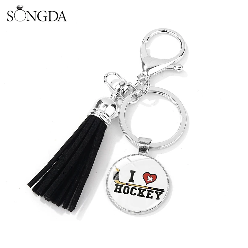 

New Fashion Field Hockey Sports Keychain Hockey Stick Club Leather Tassel Pendant Car Key Chain Ring Holder Souvenir Gift
