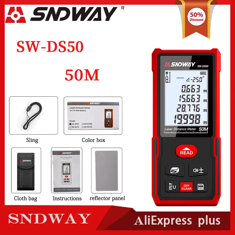 

SNDWAY SW-DS50 50m Laser Rangefinder Distance Meter Electronic Roulette Digital Ruler Trena Tape Measure Range Finder