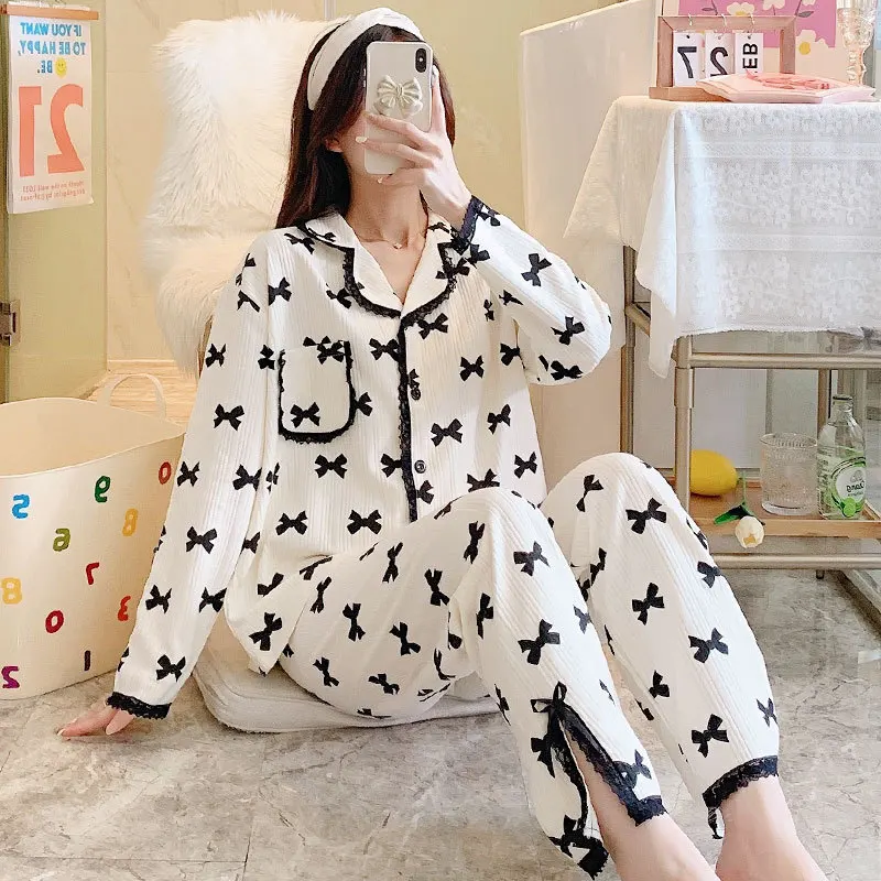 

Пижамный комплект с белым принтом и бантом, пикантный пижамный комплект из 2 предметов, стильная принцесса, кружевная отделка, одежда для сн...