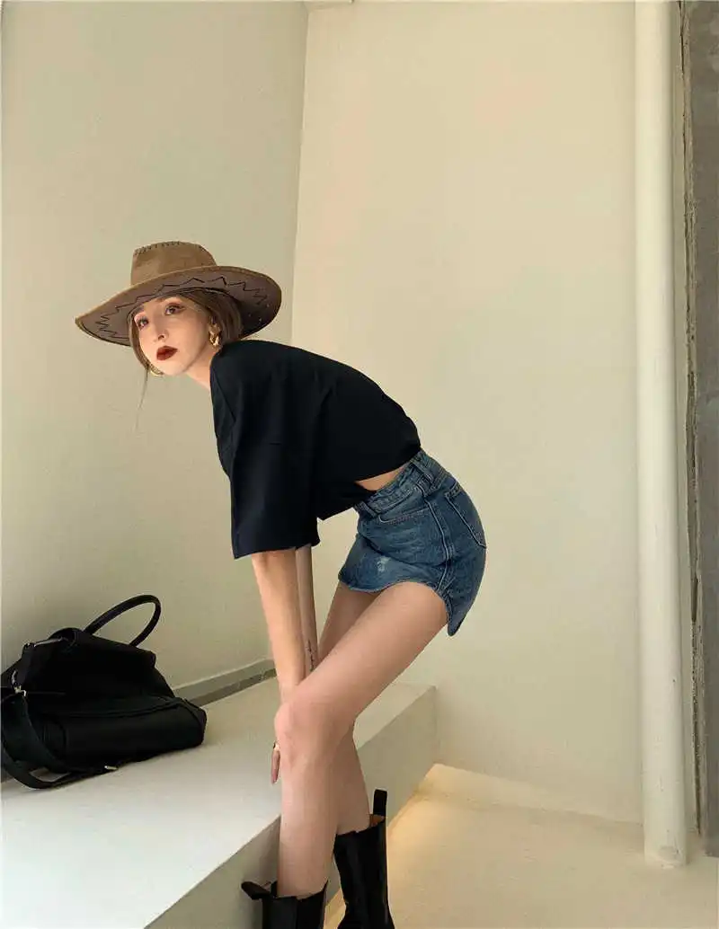 

Mini Anti-Exposure High Waist Bag Arm Denim Short Pantskirt + Loose Cropped T-shirt Women's Two-Piece Suit Hot Girl Summer Suit