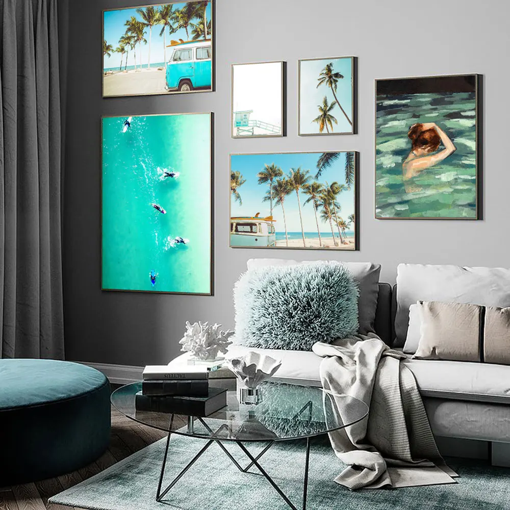 

Ocean Landscape Nordic Style Beach Green Bus Wall Art Canvas Painting Scandinavian Poster For Living Room Wall Pictures Unframed