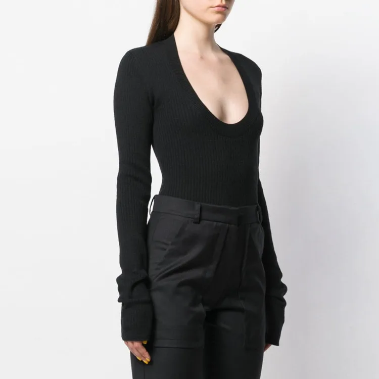 Женский трикотажный пуловер DEAT вязаный с глубоким низким бюстом и длинными