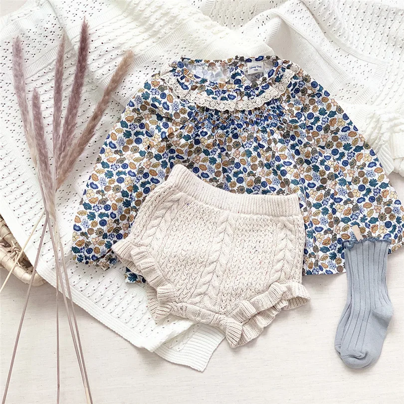 Baby Clothes Set Spring Autumn Infant Girls Outfits Blouse Tops + Knitted Shorts Toddler For Girl Tracksuit |