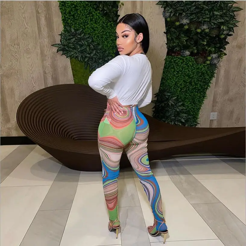 

New Fashion Summer Print Foot Pants Women High Waist Skinny Body-shaping Leggings Sexy Mesh See Through Streetwear Club Trousers