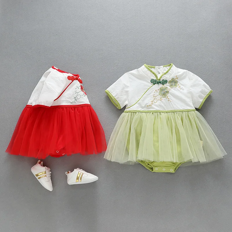 

Newborn Baby Girl Clothing baby Outfit Summer Short Sleeve Chinese Style Cotton Retro Romper Dress Party Lovely Jumpsuit 0-18M