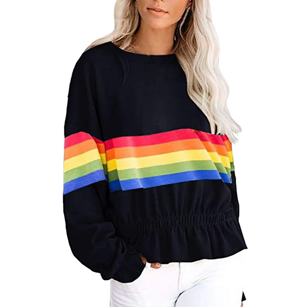 Женские топы с длинным рукавом радужным принтом полосатая толстовка блузка