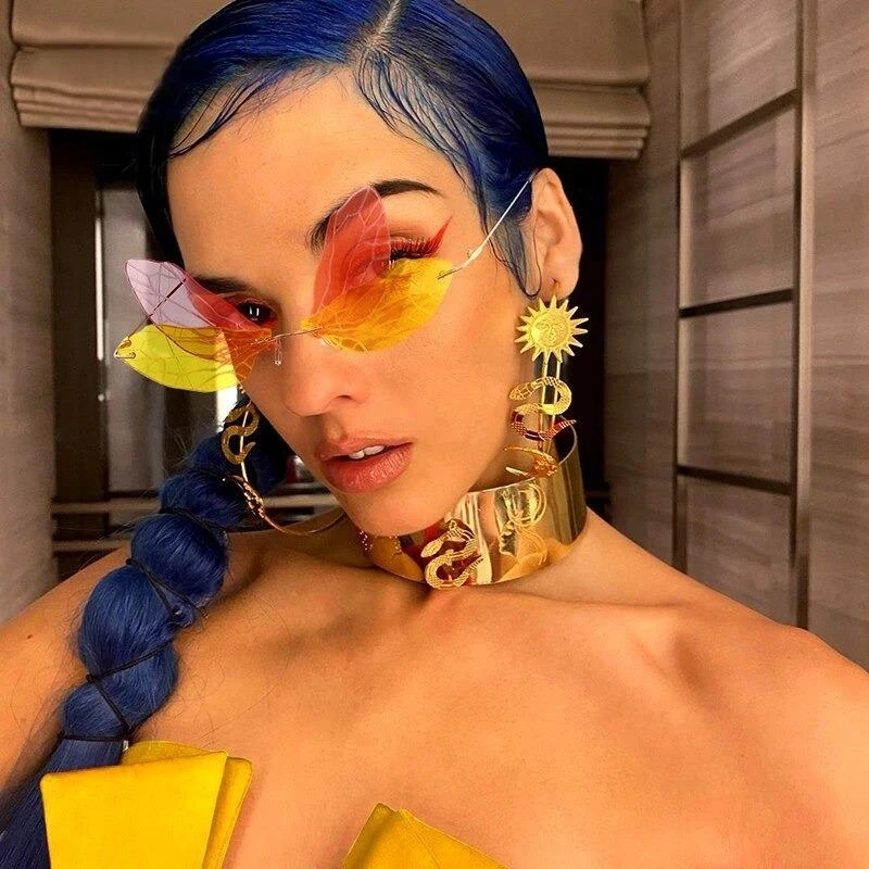 Модные солнцезащитные очки без оправы в форме стрекозы Женские винтажные с