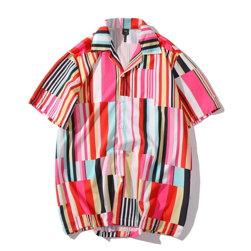 

2021 Summer Men's Vintage Rainbow Striped Printed Shirt Man Hip Hop Streetwear Hawaiian Harajuku Male Short Sleeve Beach Shirt