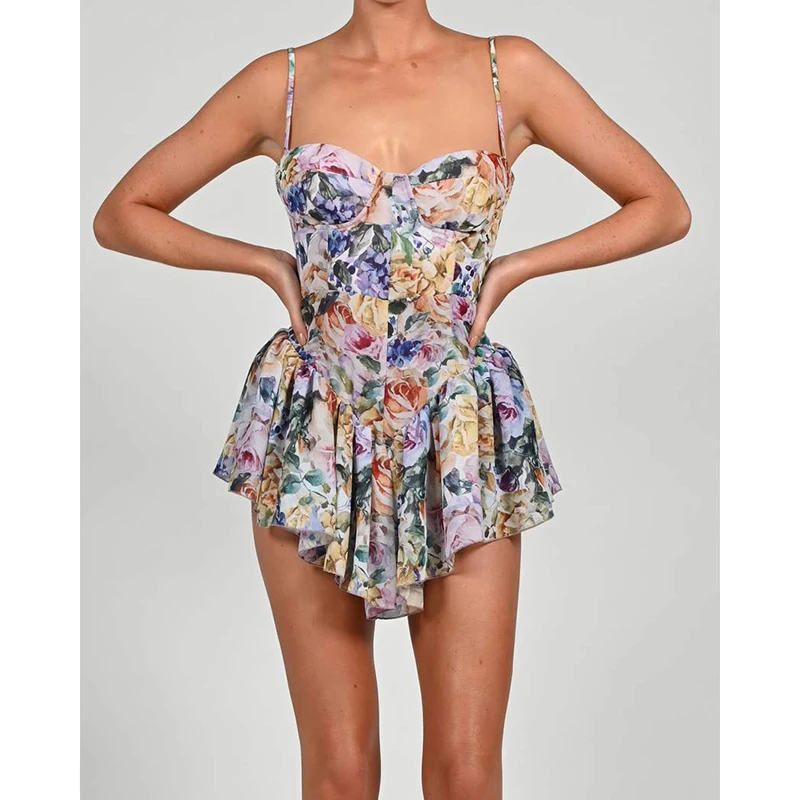 

Beach Style Floral Print Casual Slim Women Sexy Spaghetti Strap Mini Dress Ruffles Harajuku Korean Summer Femme Vestidos HB8490