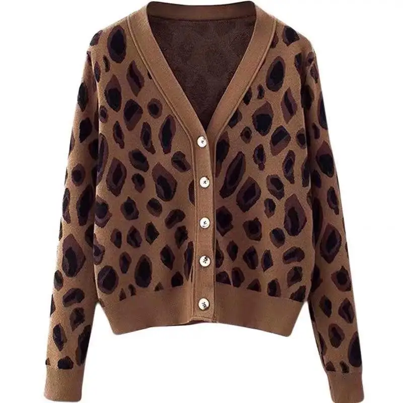 

Female Winter Knitted Luxury Brand V neck Casual Cardigans Women's Sweaters Long Sleeve Loose Sweater Ladies sweater coat Leopar