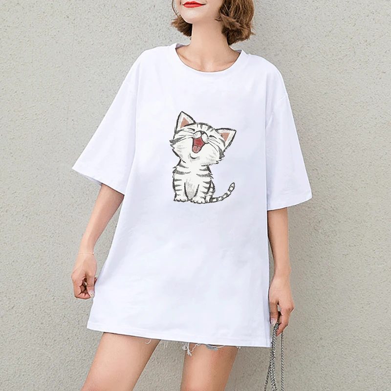 Женская футболка с принтом мультяшного кота свободная повседневная коротким