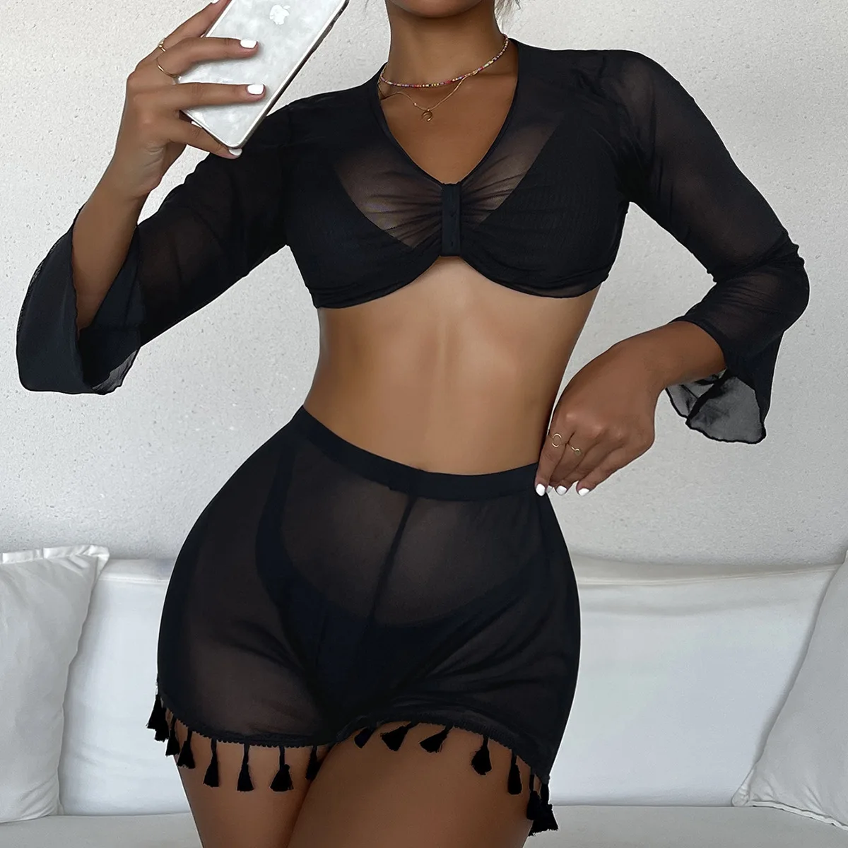 

Sexy Mesh Beach Outing Swimsuits 2 Piece Set Women Swimwear 2021 Long Sleeve Beach Cover Up Tassel Black Beachwear Summer