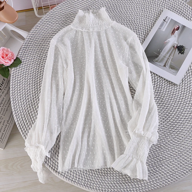 Женская кружевная блузка в горошек с расклешенными рукавами и оборками|Блузки| |