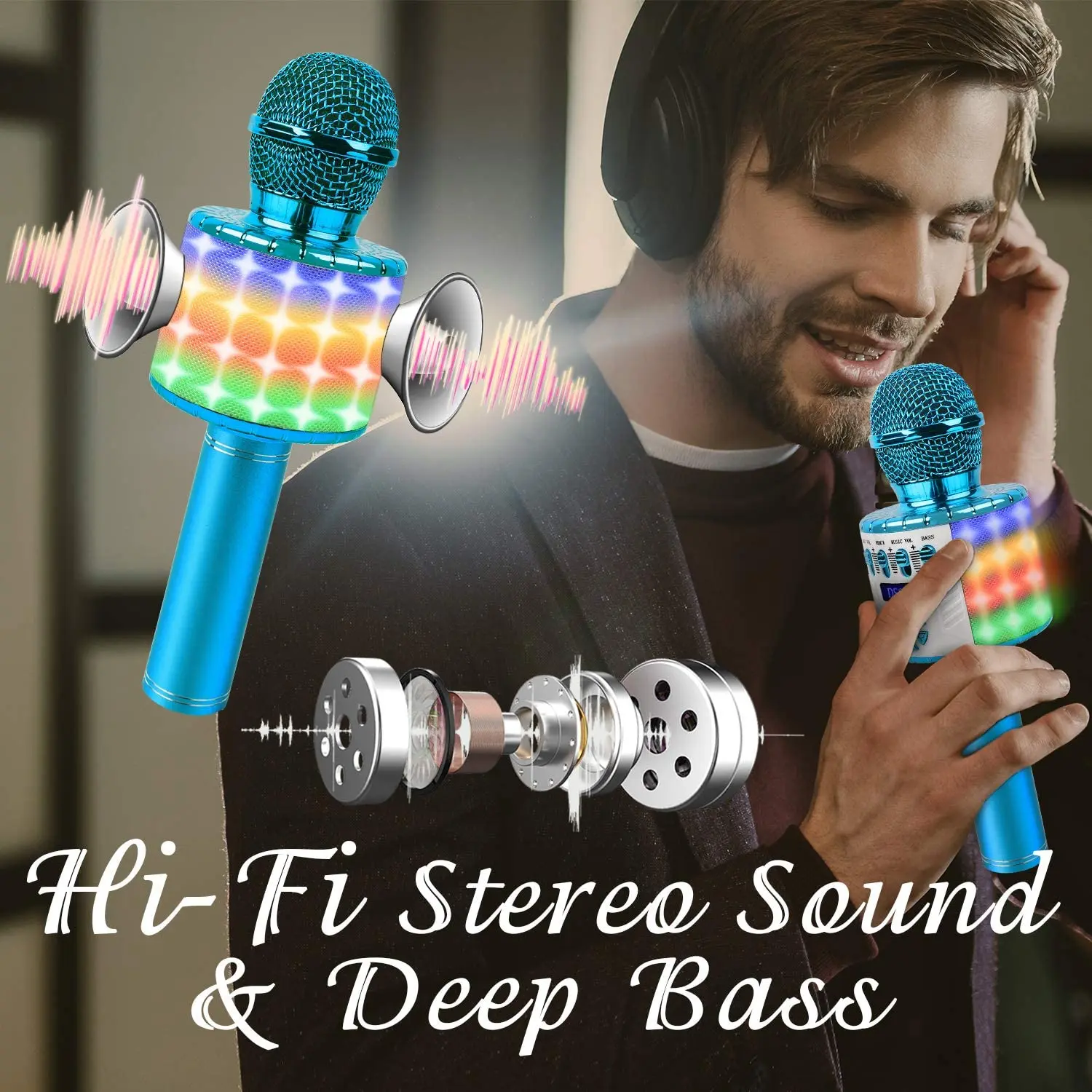 

Wireless Karaoke Microphone Bluetooth-compatible Portable Speaker KTV Player with Dancing LED Lights Record Function for Kids