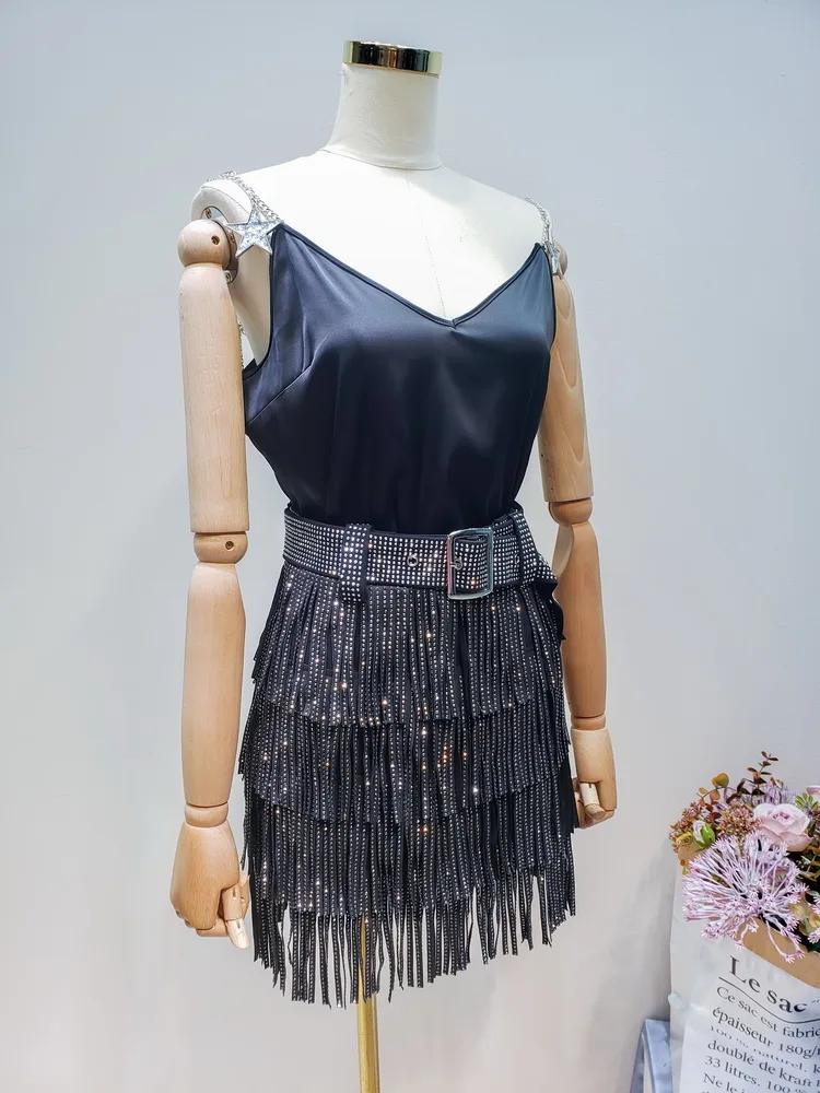 Летняя женская юбка новинка Ins супер мода стразы бахрома расшитая блестками с